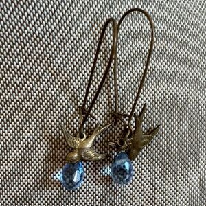 Elegant Gold Bird Earrings with Blue Gemstone